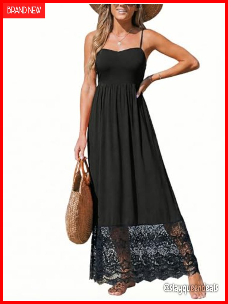 Spaghetti Strap Maxi Dress Lace Smocked A-Line Sleeveless Flowy Long Beach